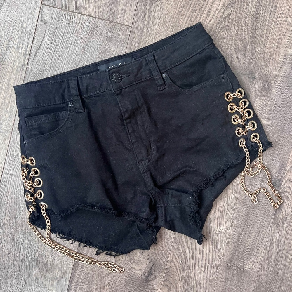 AKIRA Black Denim Jean Shorts with Gold Chain Eyelet Detail